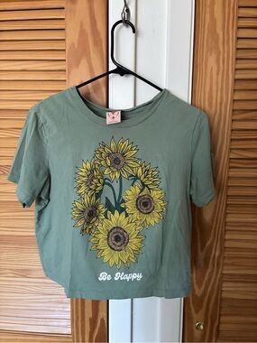 Self Esteem Olive Green Tee with Yellow Sunflower Graphic size xs